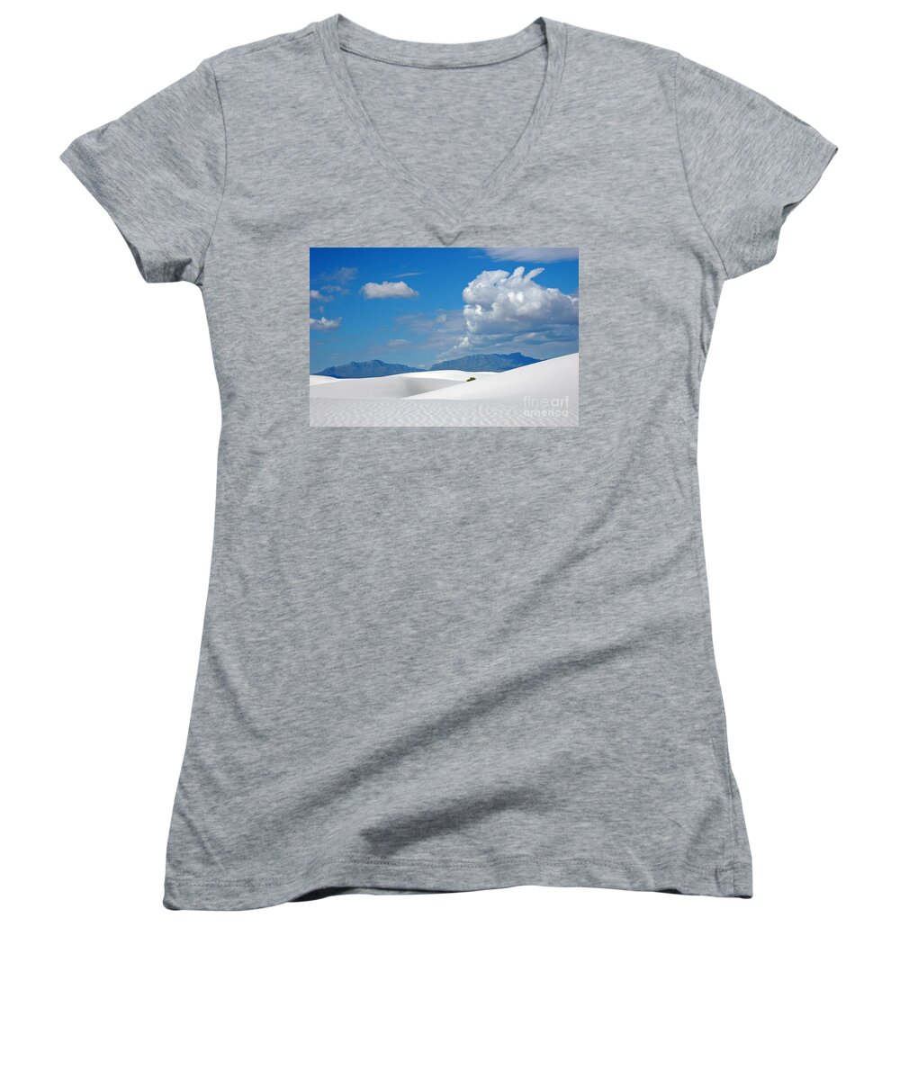 White Sands Women's V-Neck featuring the photograph Clouds over the White Sands by Vivian Christopher