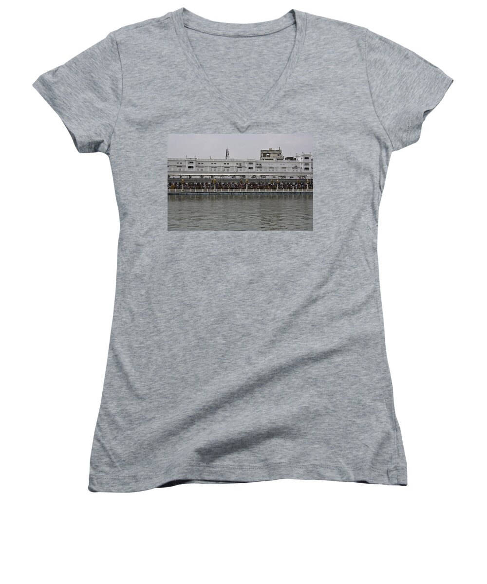 Amrit Sarovar Women's V-Neck featuring the photograph Crowd of devotees inside the Golden Temple by Ashish Agarwal