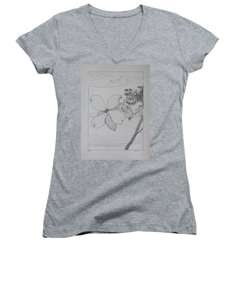 Dogwood Women's V-Neck featuring the drawing Dogwood by Daniel Reed