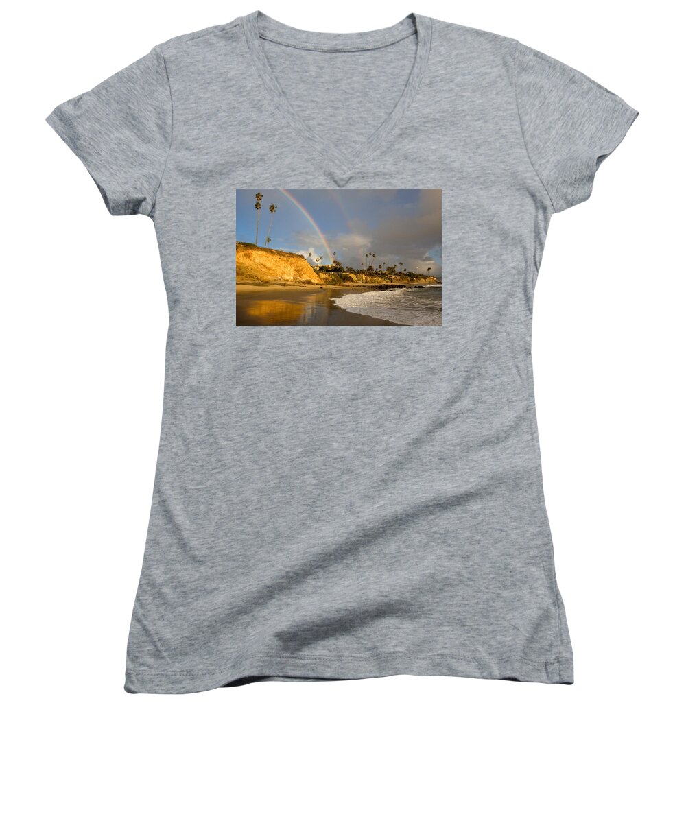 Laguna Beach Women's V-Neck featuring the photograph Double Raibow over Laguna Beach by Cliff Wassmann