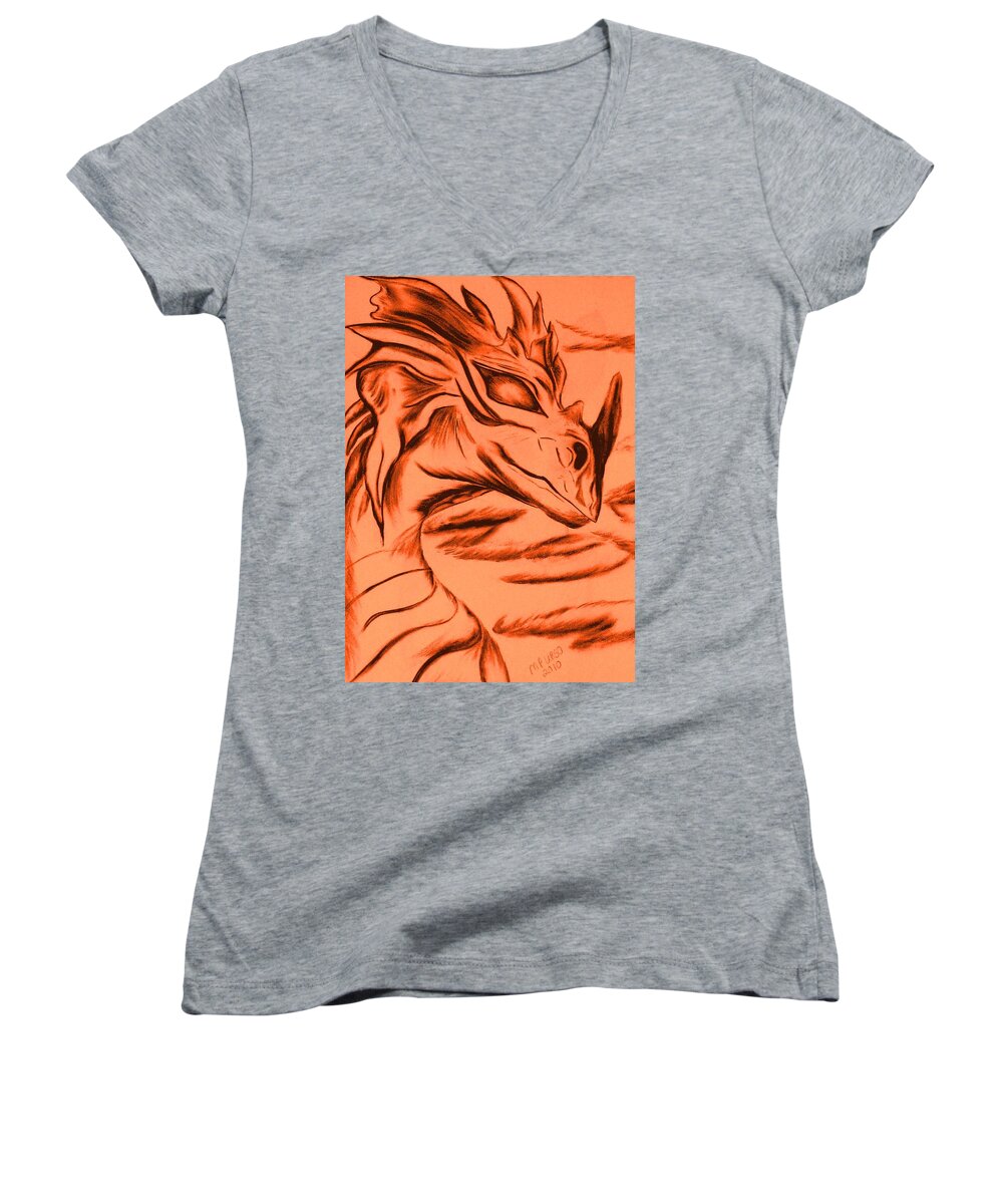 Dragon Women's V-Neck featuring the drawing Dragon in color by Maria Urso
