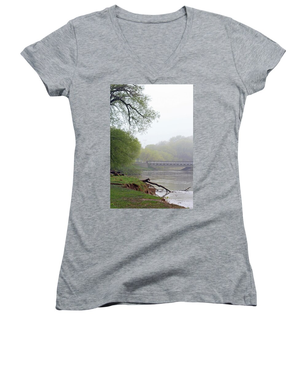 Pikes Creek Women's V-Neck featuring the photograph Early Spring Morning Fog by Kay Novy