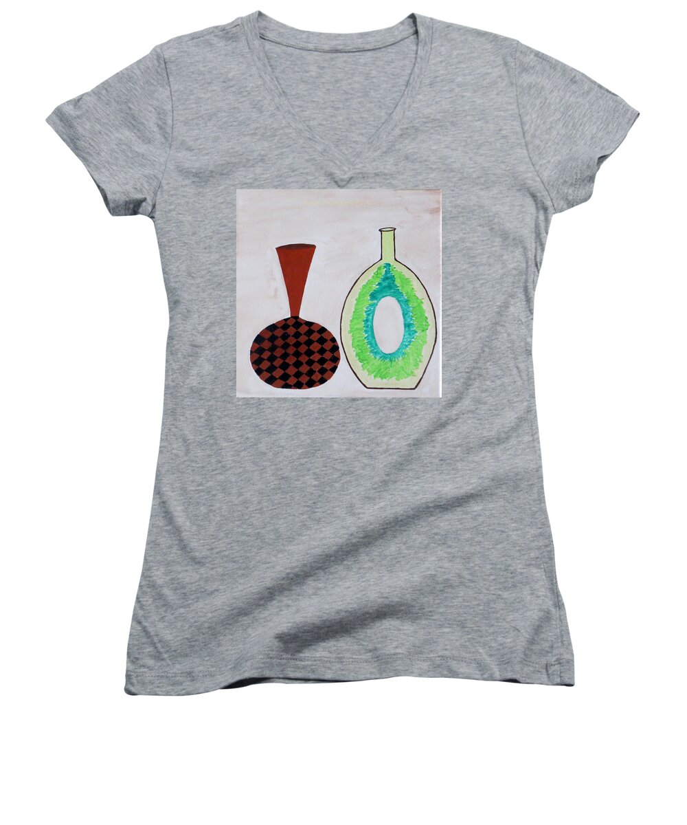 Colorful Vases Women's V-Neck featuring the painting Earthen decorative pottery by Sonali Gangane