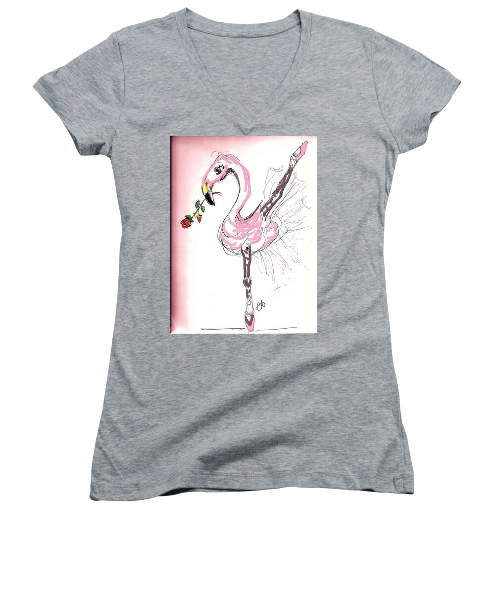 Flamingo Women's V-Neck featuring the drawing Flamenco Flamingo by Carol Allen Anfinsen