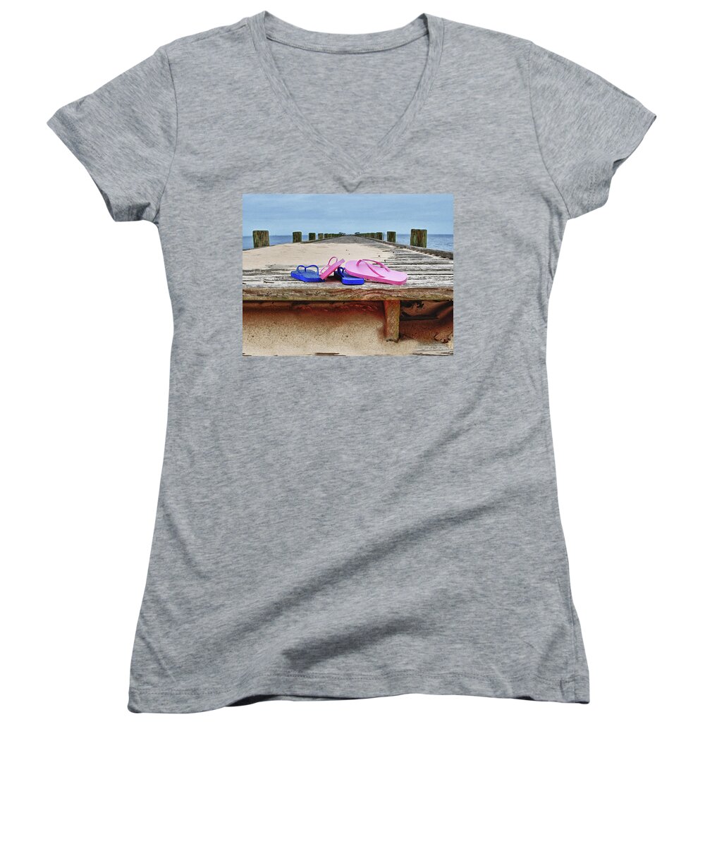 Alabama Photographer Women's V-Neck featuring the digital art Flip Flops on the Dock by Michael Thomas