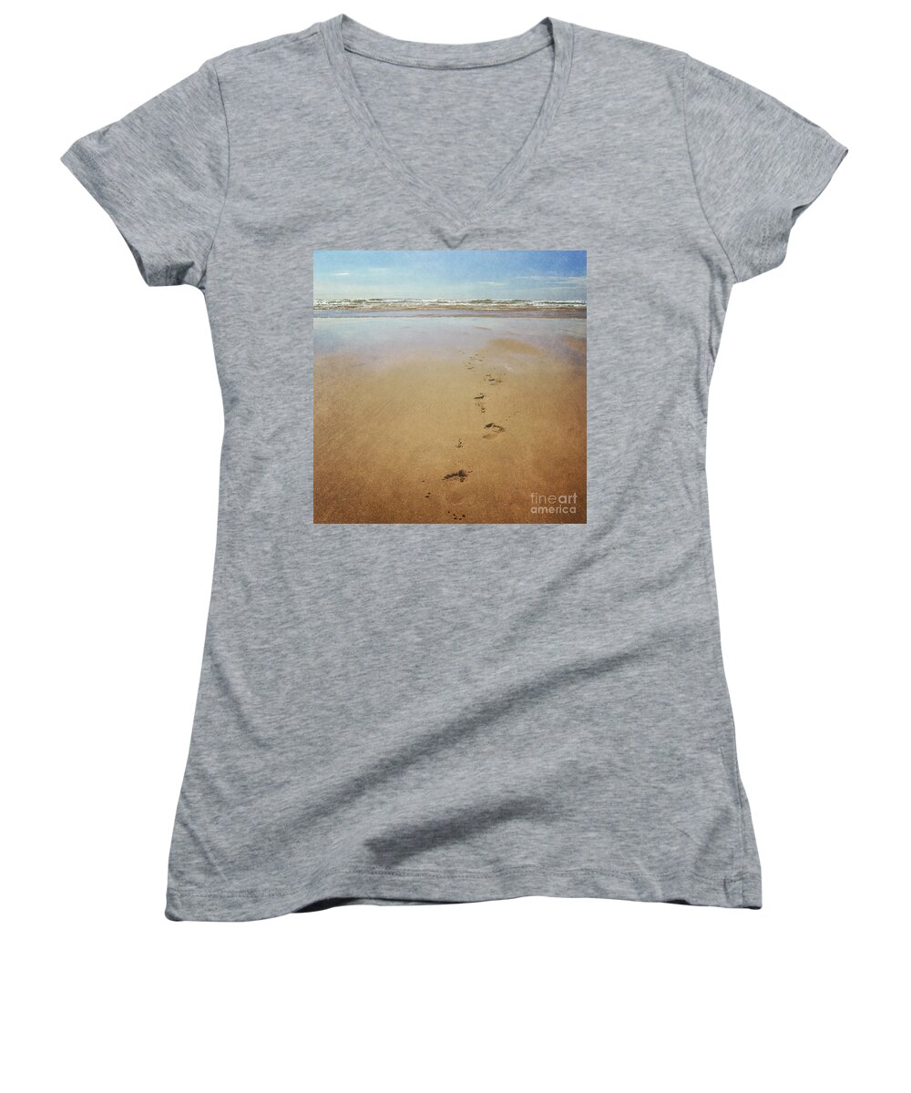 Footprints Women's V-Neck featuring the photograph Footprints in the sand by Lyn Randle