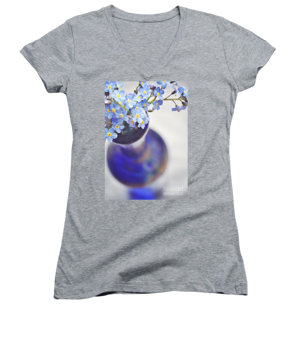 Forget Me Nots Women's V-Neck featuring the photograph Forget me nots in deep blue vase by Lyn Randle