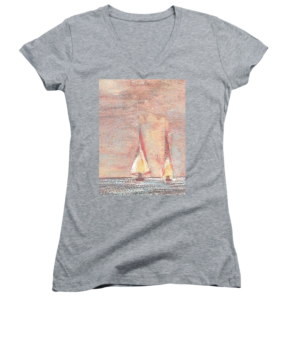 Sea Women's V-Neck featuring the painting Golden Sails by Richard James Digance