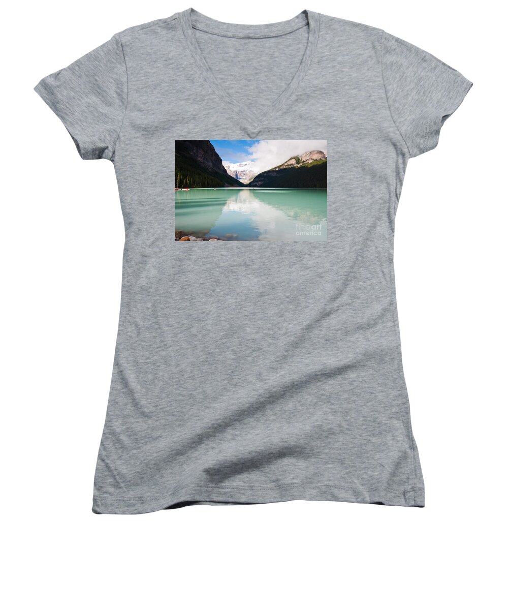 Lake Louise Women's V-Neck featuring the photograph Gorgeous Lake Louise by Cheryl Baxter