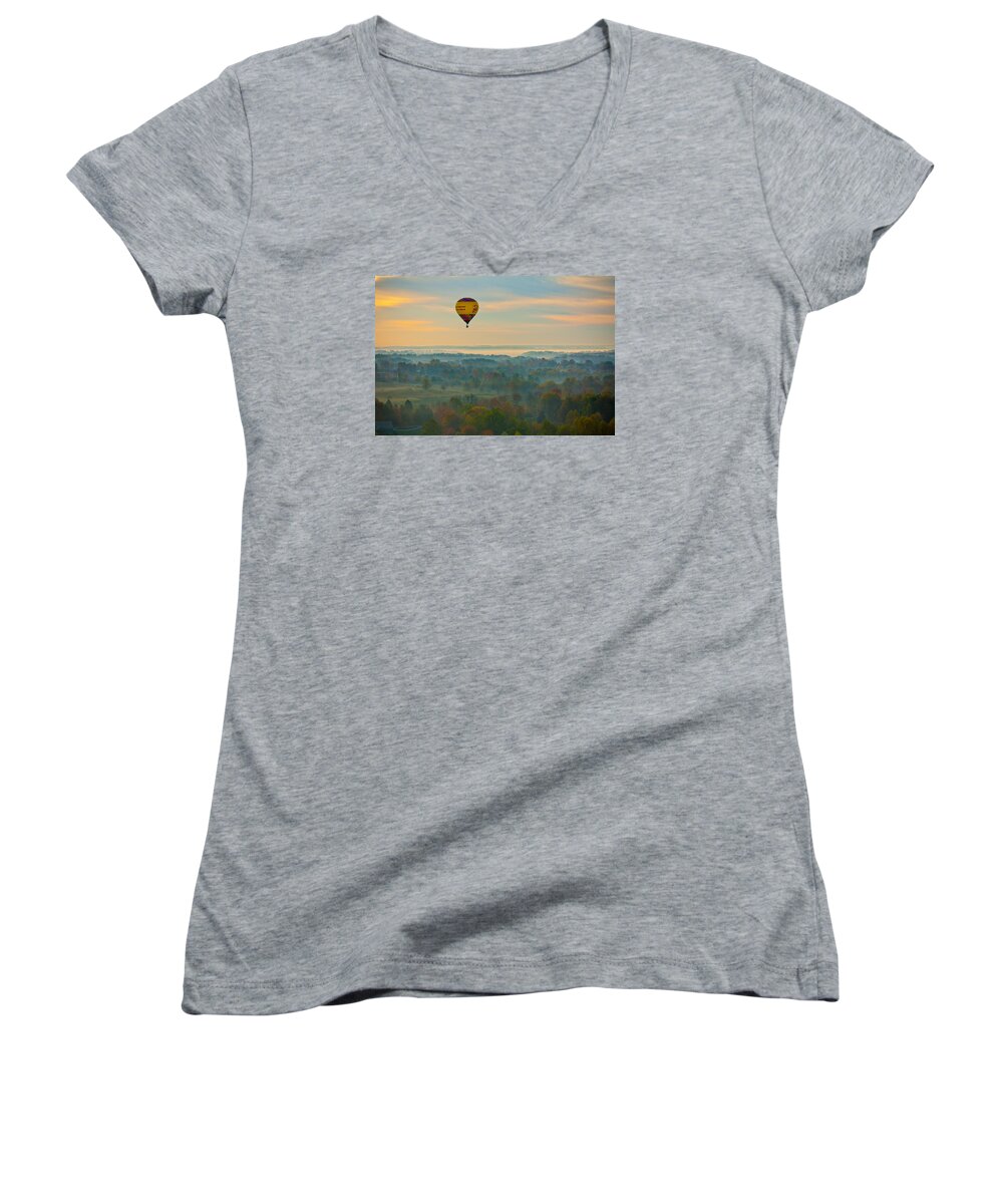 Bloomington Women's V-Neck featuring the photograph Hot Air Balloon in Fall Colors by Anthony Doudt
