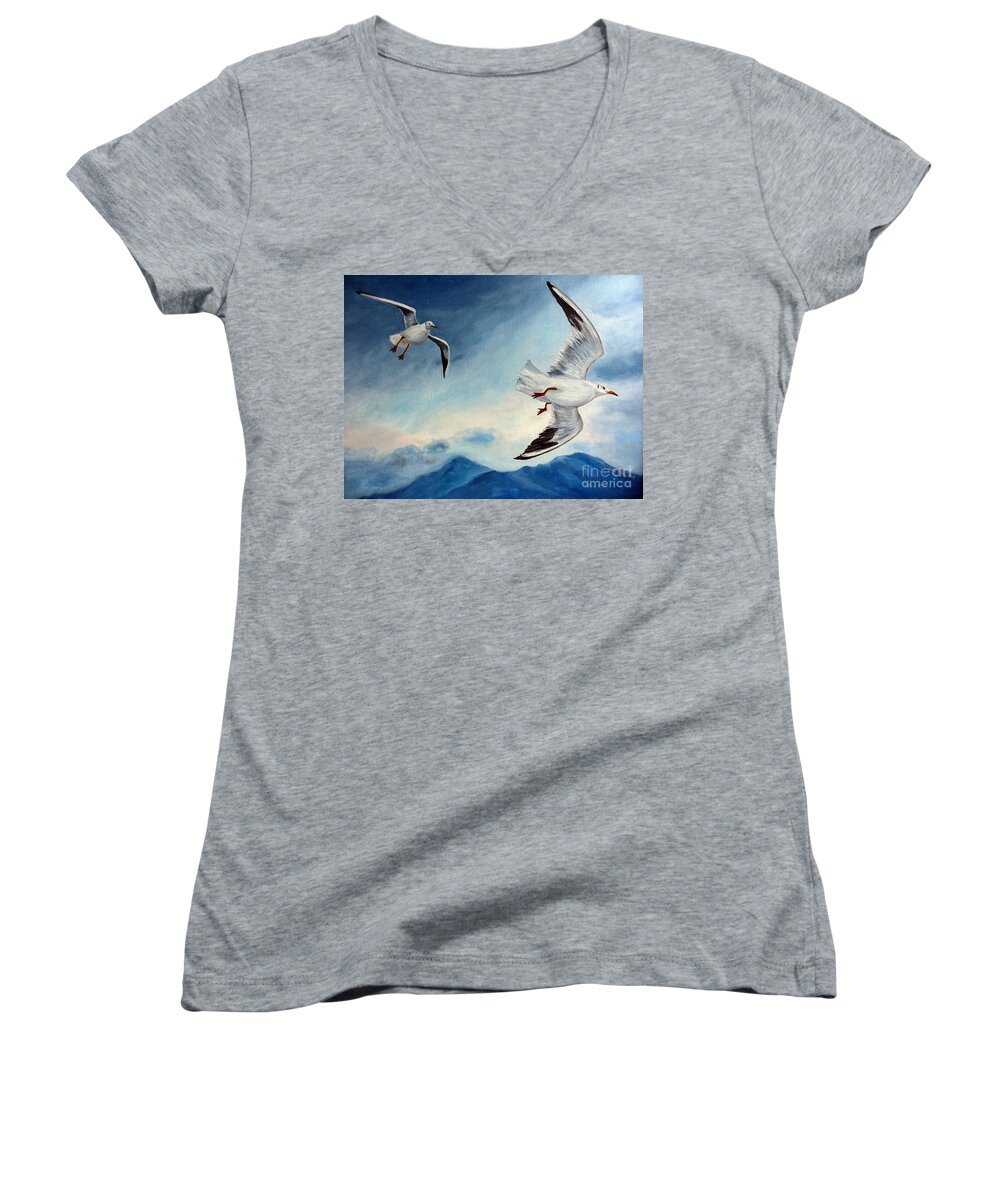 Seagulls Women's V-Neck featuring the painting In Flight by Julie Brugh Riffey