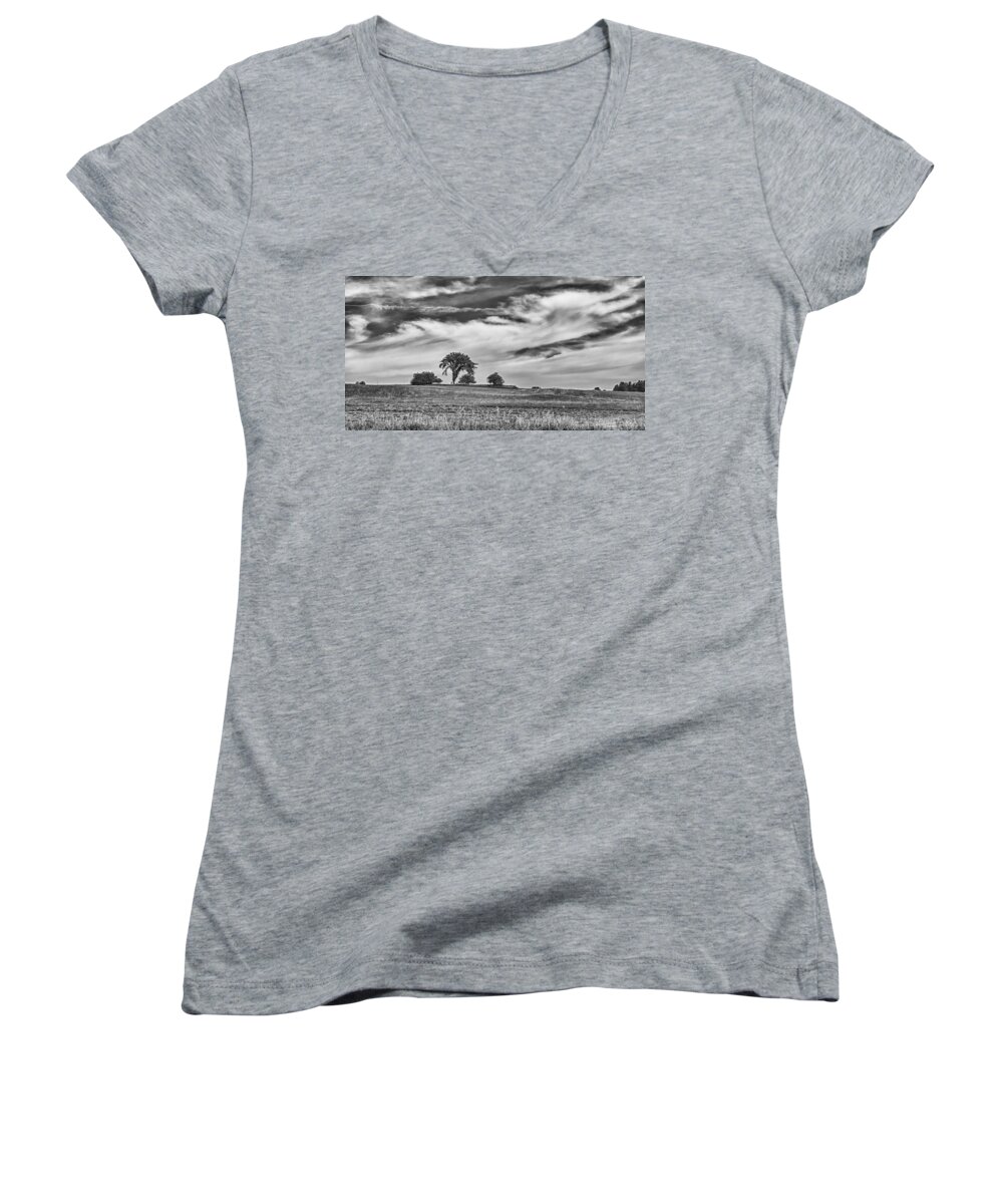 Clouds Women's V-Neck featuring the photograph Innisfree Tree by Guy Whiteley