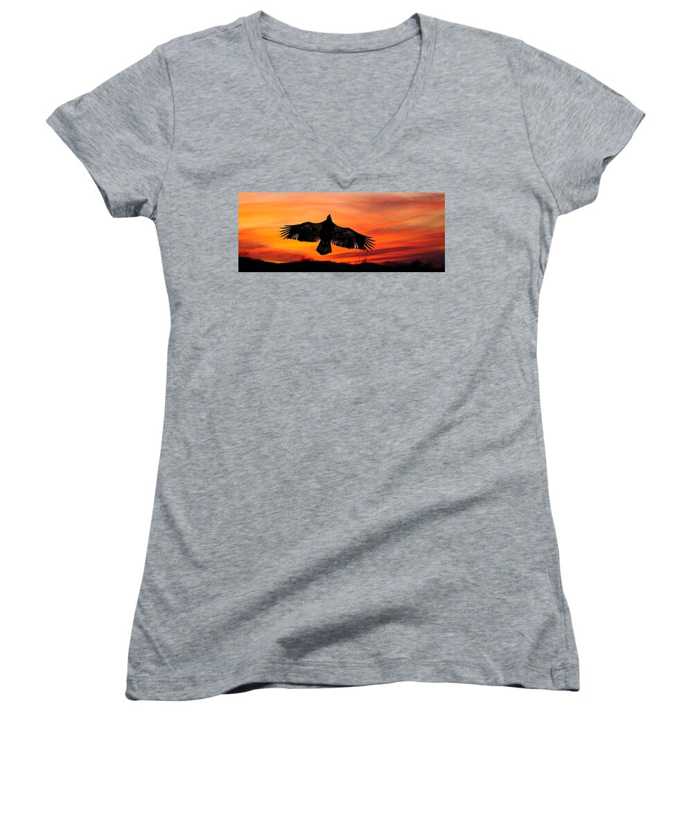 Red Sunset Women's V-Neck featuring the photograph Juvenile Sunset by Randall Branham