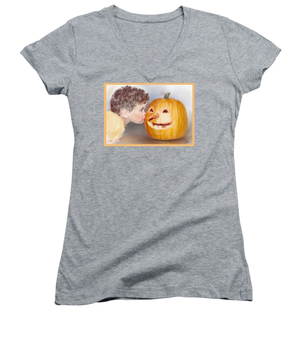 Child Women's V-Neck featuring the painting Kissy Face by Bonnie Willis