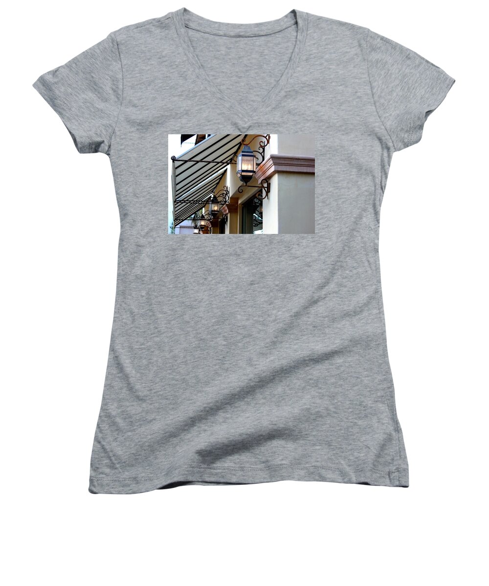 Lanterns Women's V-Neck featuring the photograph Lanterns and Lines by Leigh Meredith