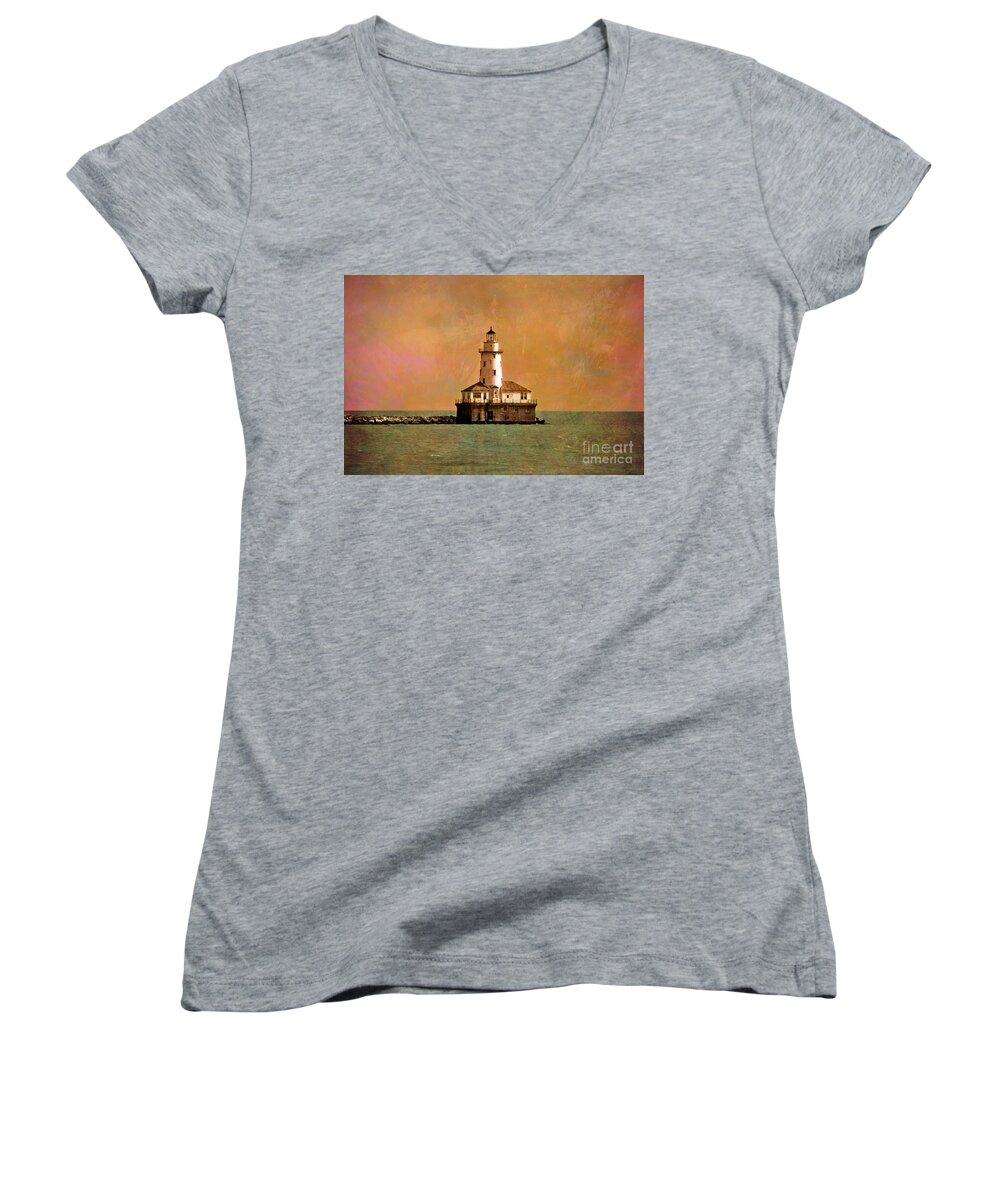 Lighthouse Off Navy Pier Women's V-Neck featuring the photograph Lighthouse Off Navy Pier by Mary Machare