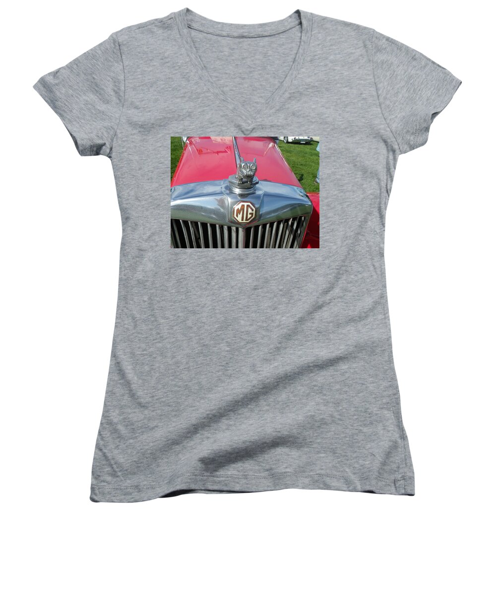 Transportation Car Vintage British Automobile Vehicle Mg Hood Ornament Women's V-Neck featuring the photograph M G Hood 1 by Anna Ruzsan