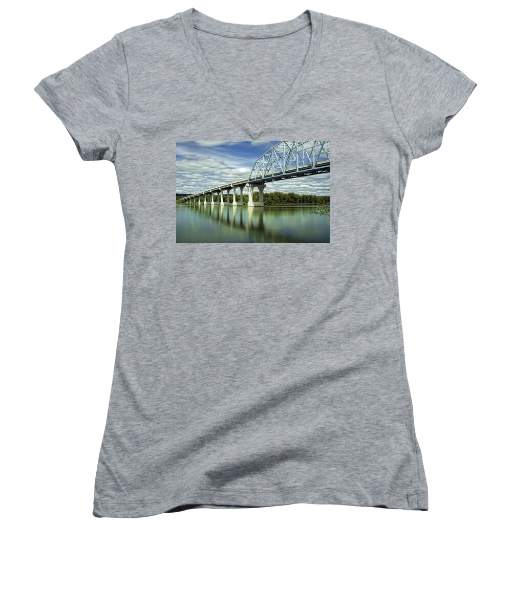 River Landscape Water Sky Trees Bridge Wabasha Minnesota Calm Peaceful Clouds Women's V-Neck featuring the photograph Mississippi River at Wabasha Minnesota by Tom Gort