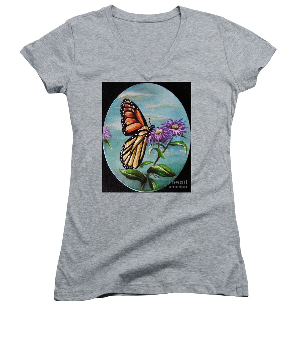 Butterfly Women's V-Neck featuring the painting Monarch and Aster by Karen Ferrand Carroll