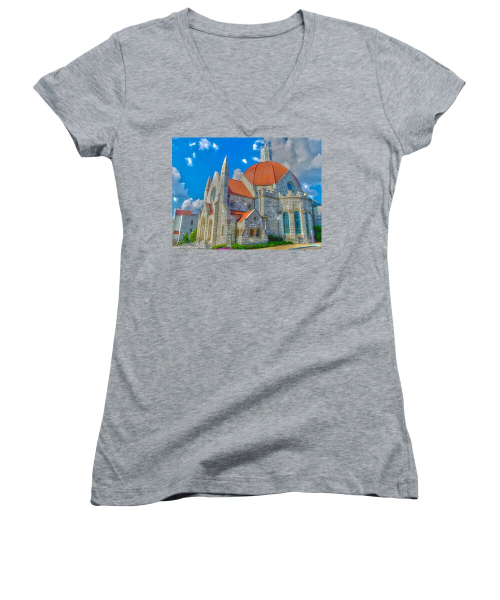 Church Women's V-Neck featuring the photograph Montgomery Baptist Church HDR by Shannon Harrington
