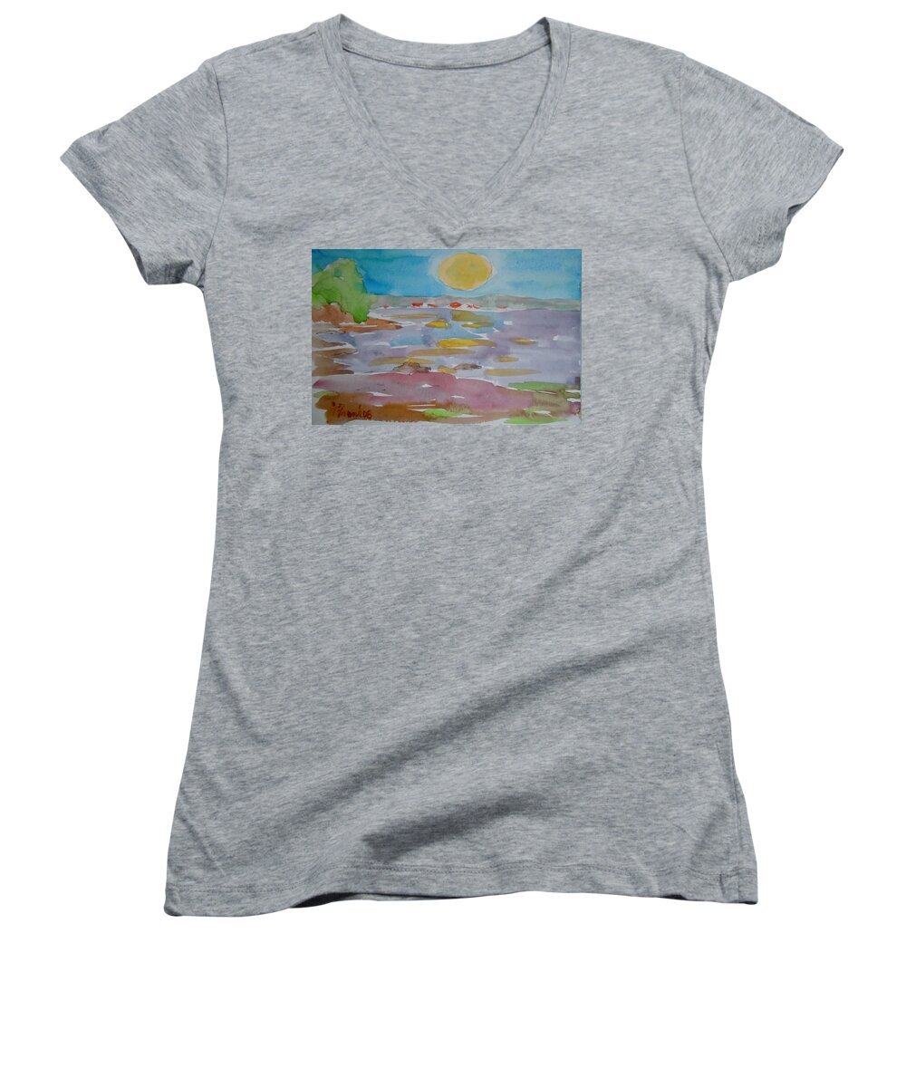 Landscape Women's V-Neck featuring the painting Moon Rise on Marlboro Beach by Francine Frank