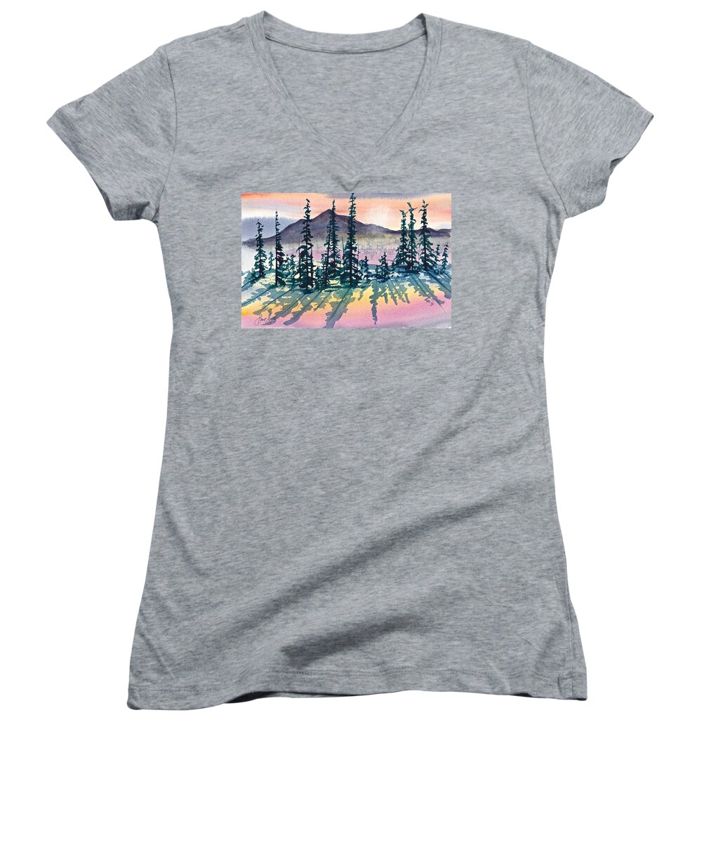 Mountains Women's V-Neck featuring the painting Mountain Sunrise by Frank SantAgata