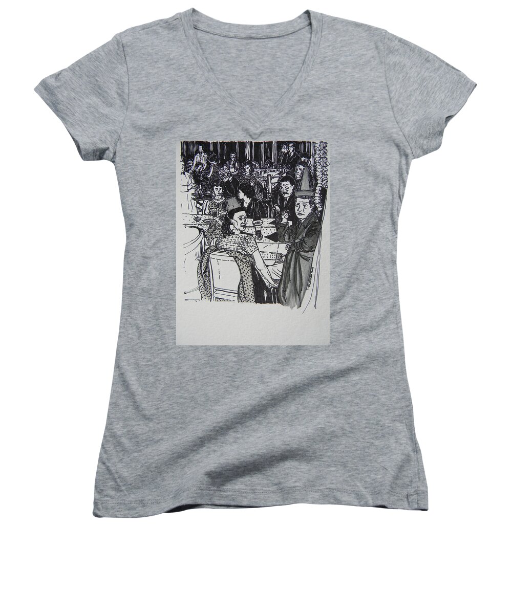 New Year Women's V-Neck featuring the drawing New Year's Eve 1950's by Marwan George Khoury