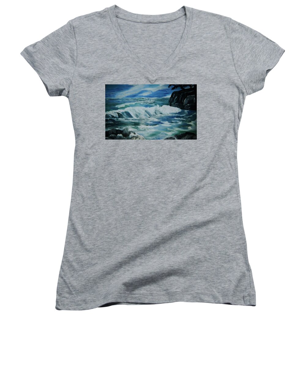 Blue Women's V-Neck featuring the painting Ocean Waves by Christy Saunders Church