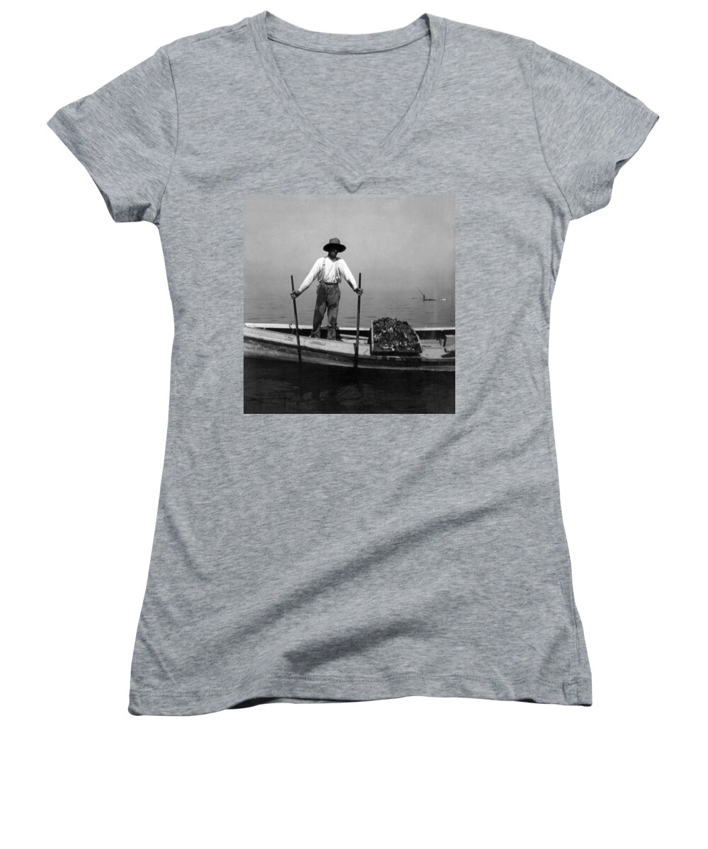 chesapeake Bay Women's V-Neck featuring the photograph Oyster Fishing on the Chesapeake Bay - Maryland - c 1905 by International Images