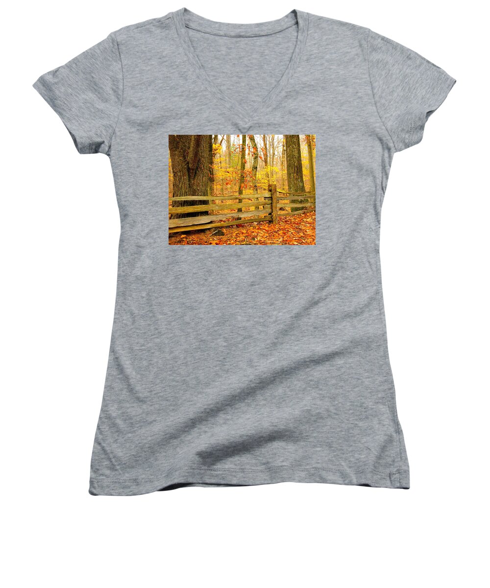 Autumn Women's V-Neck featuring the photograph Post and Rail by Parrish Todd