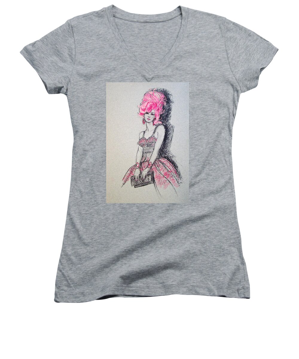 Pink Hair Women's V-Neck featuring the drawing Pretty in Pink Hair by Sue Halstenberg