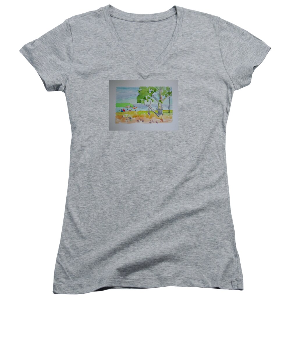 Landscape Women's V-Neck featuring the painting Sandpoint Bathers by Francine Frank
