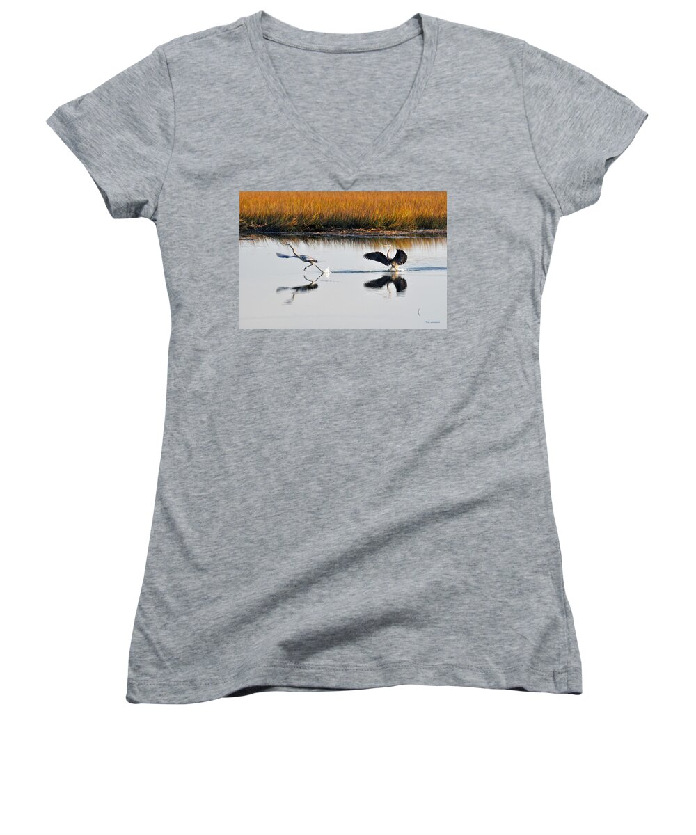 Great Blue Heron Women's V-Neck featuring the photograph Scram by Kay Lovingood