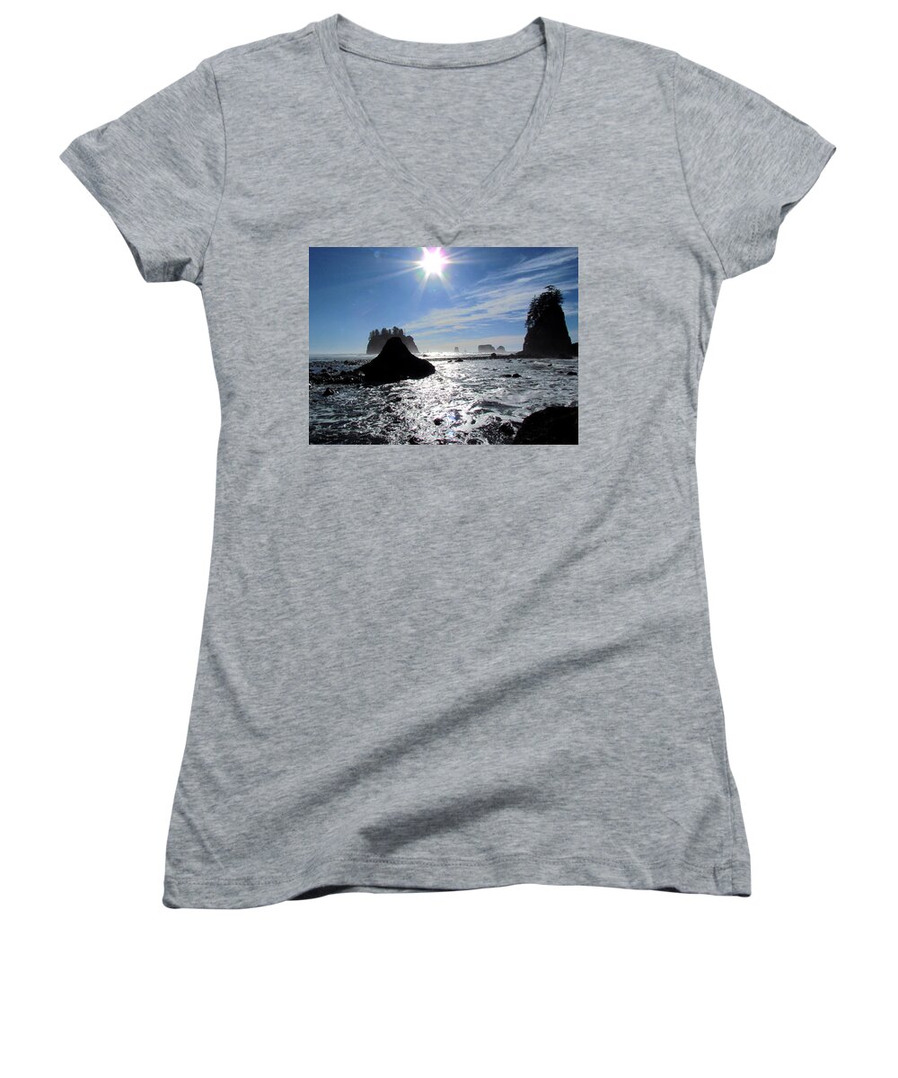 Sea Stacks Women's V-Neck featuring the photograph Seastacks and Sunlight on Second Beach by Marie Jamieson
