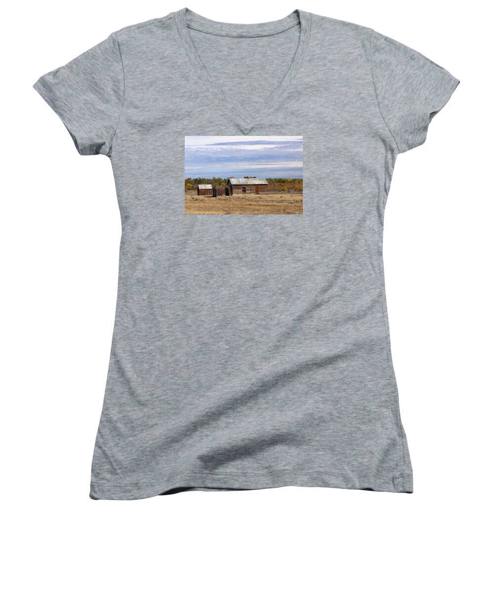 Picturesque Women's V-Neck featuring the photograph Shack on the Montana Range by Grant Groberg