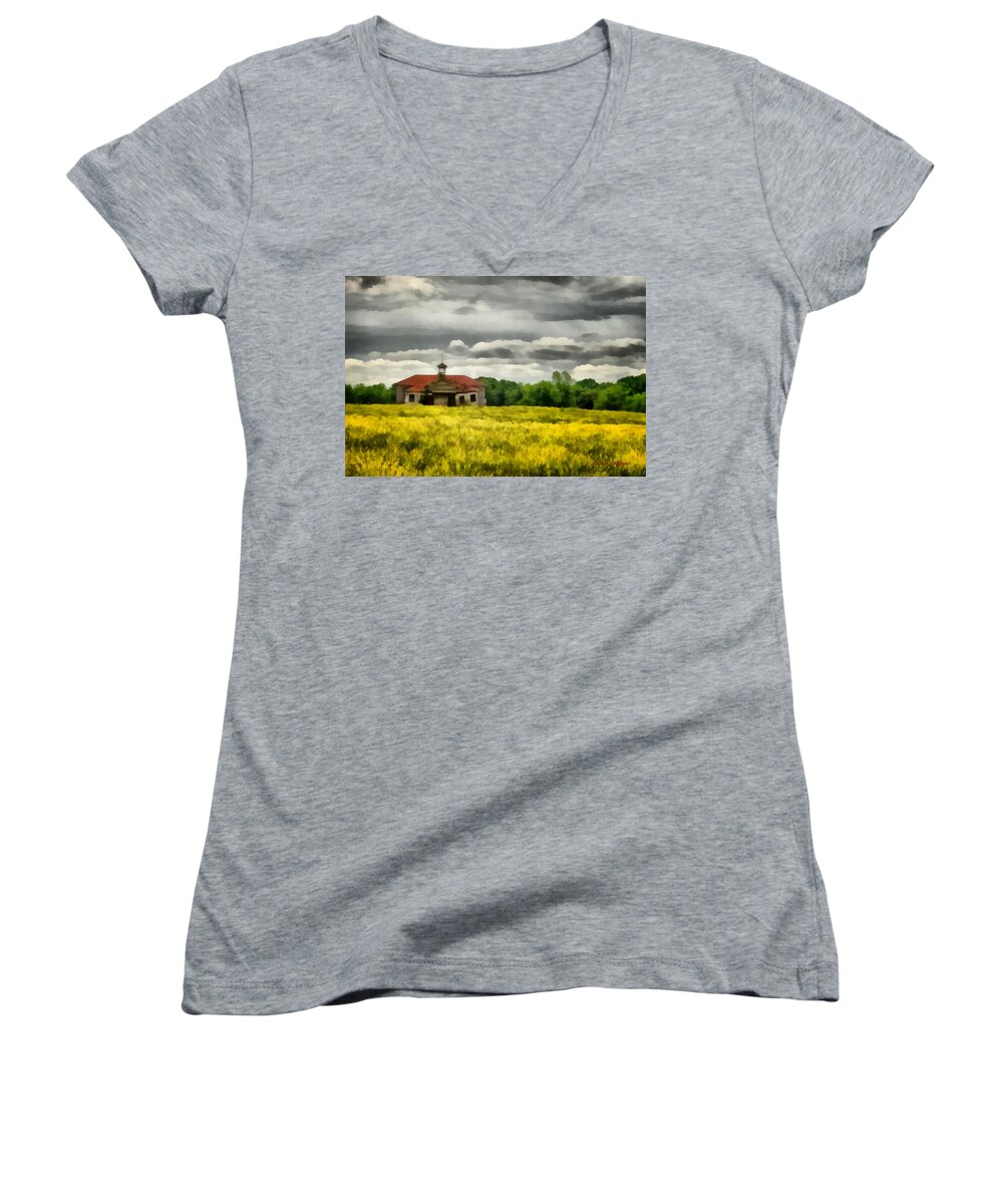 Shiloh School Women's V-Neck featuring the painting Shiloh School by Lynne Jenkins
