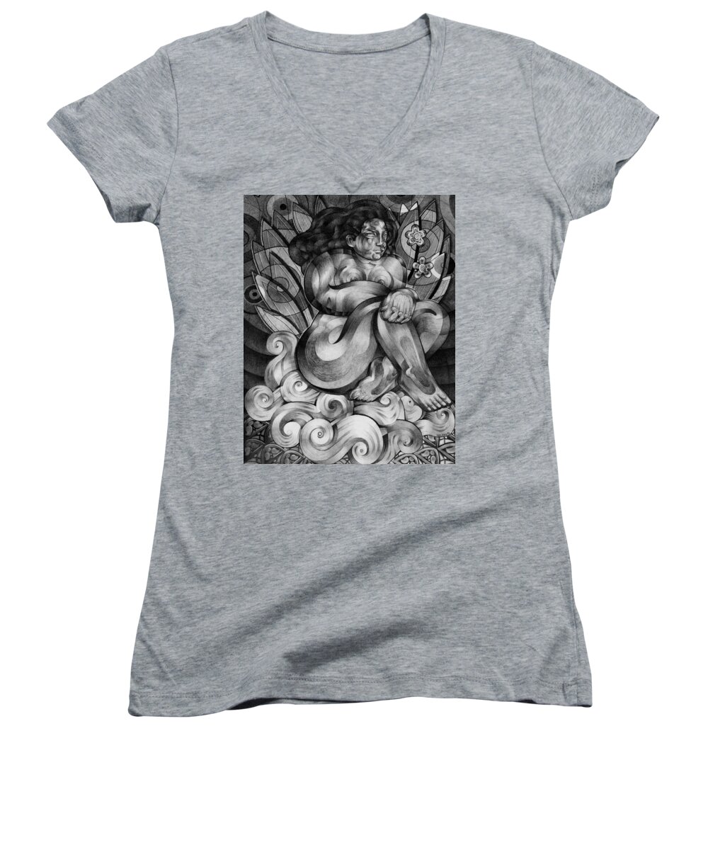 Art Women's V-Neck featuring the drawing Sitting on a cloud by Myron Belfast