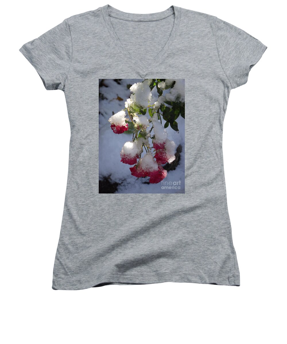 Winter Scene Women's V-Neck featuring the photograph Snow Covered Roses by Michelle Welles