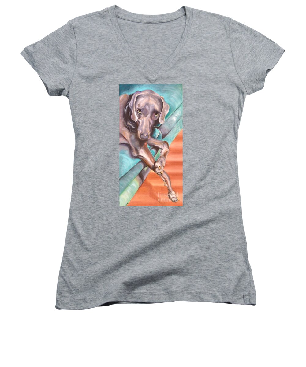 Dog Women's V-Neck featuring the painting Sofa Serenade 1 by Susan A Becker