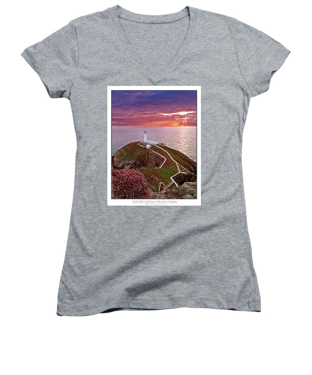 Sunset Women's V-Neck featuring the photograph South Stack Lighthouse by B Cash