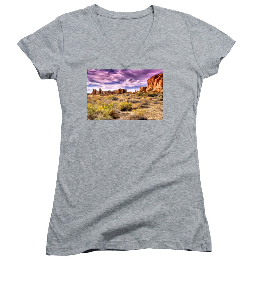 Spring Rain Women's V-Neck featuring the painting Spring Rain at Chaco Canyon by Dominic Piperata