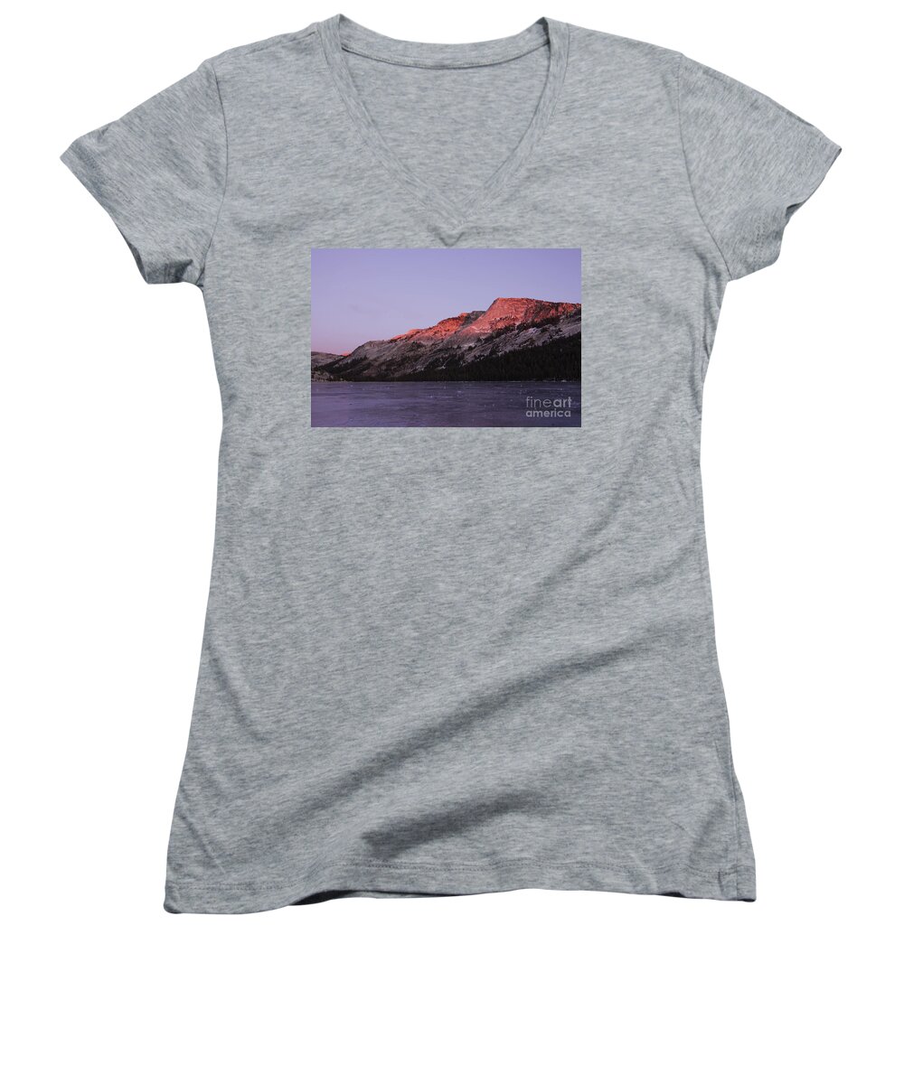 Yosemite Women's V-Neck featuring the photograph Sunset on frozen Tenaya Lake by Jim And Emily Bush