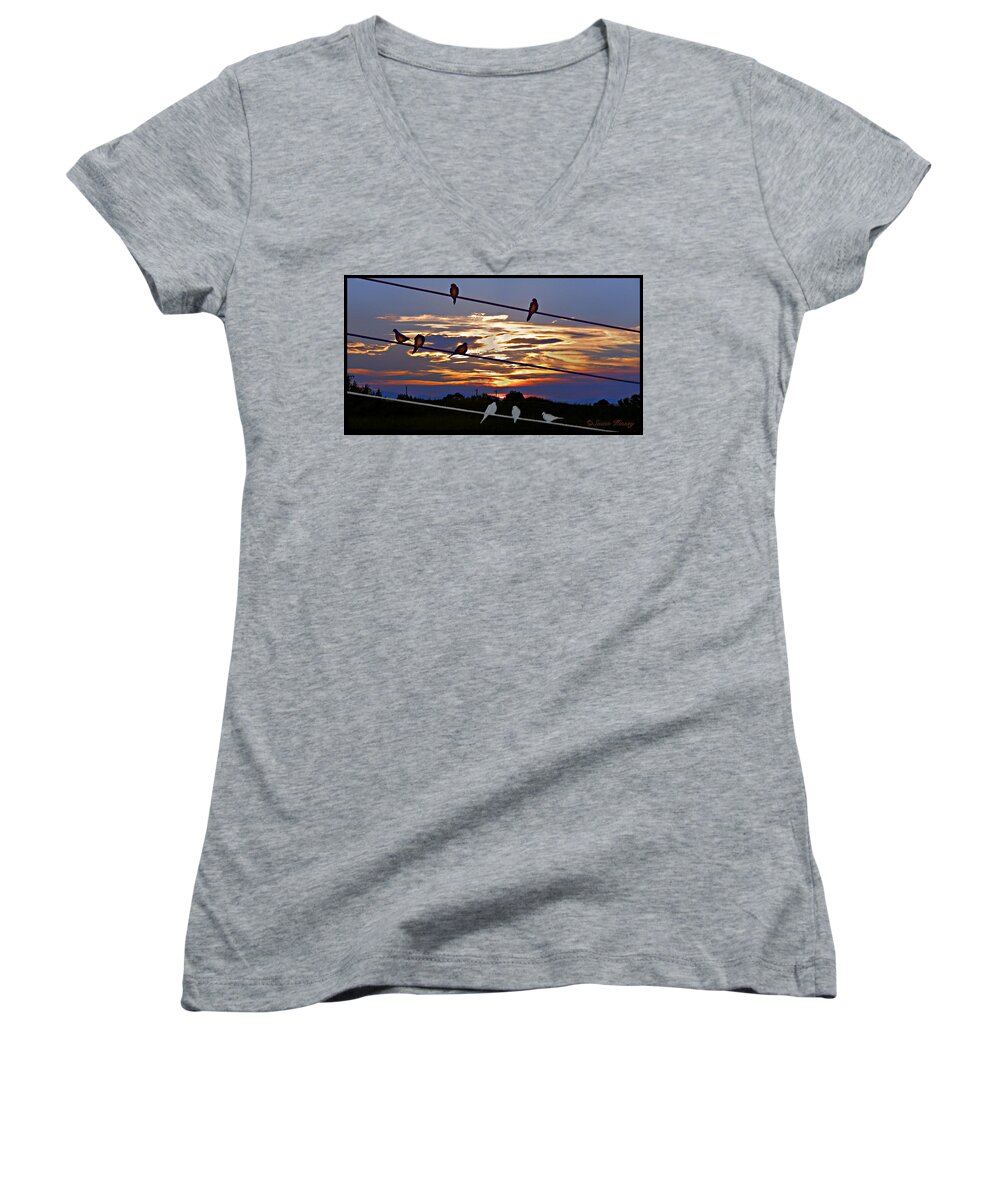 Birds Women's V-Neck featuring the digital art Sunsets and Birds by Susan Kinney