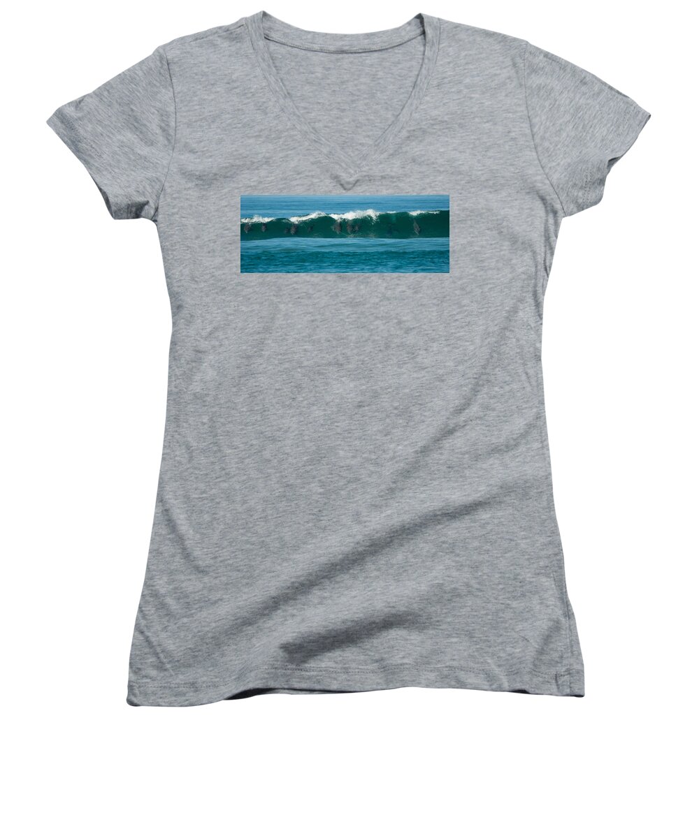 Action Women's V-Neck featuring the photograph Surfing Dolphins 2 by Alistair Lyne