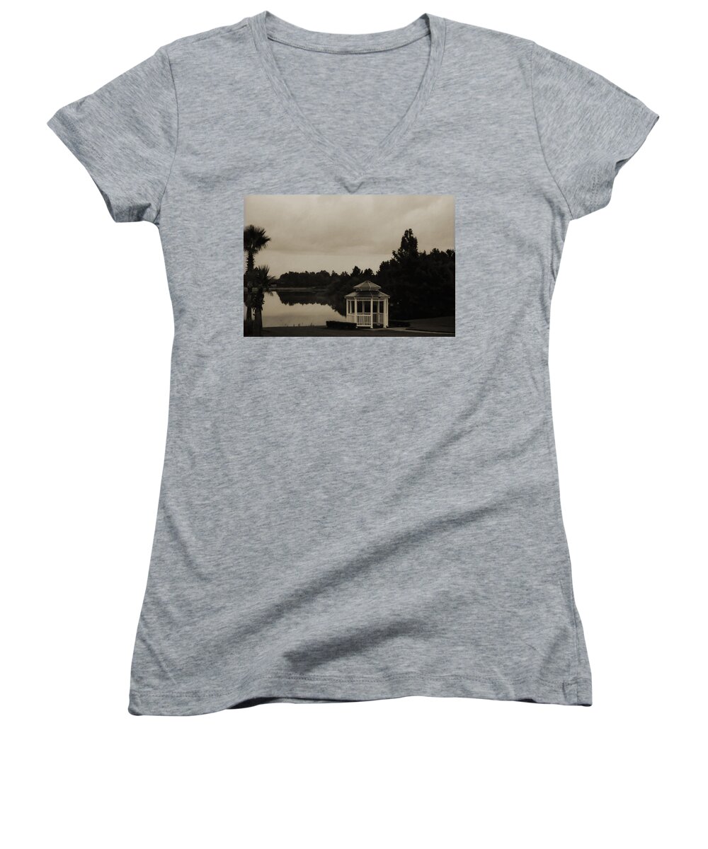 Lake Women's V-Neck featuring the photograph The Gazebo at the Lake by DigiArt Diaries by Vicky B Fuller