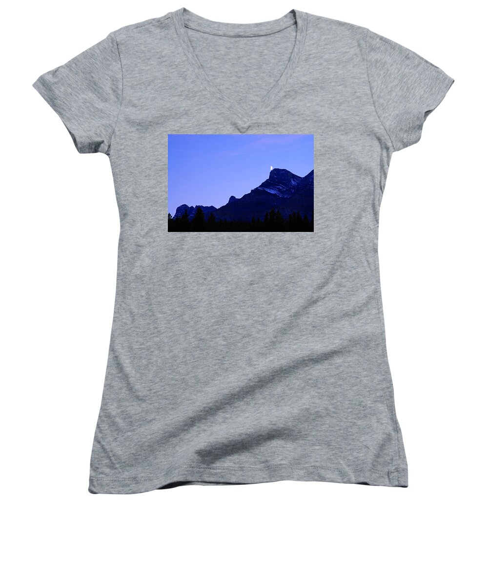 Mount Rundle Women's V-Neck featuring the photograph The Moon and Mount Rundle by Larry Ricker