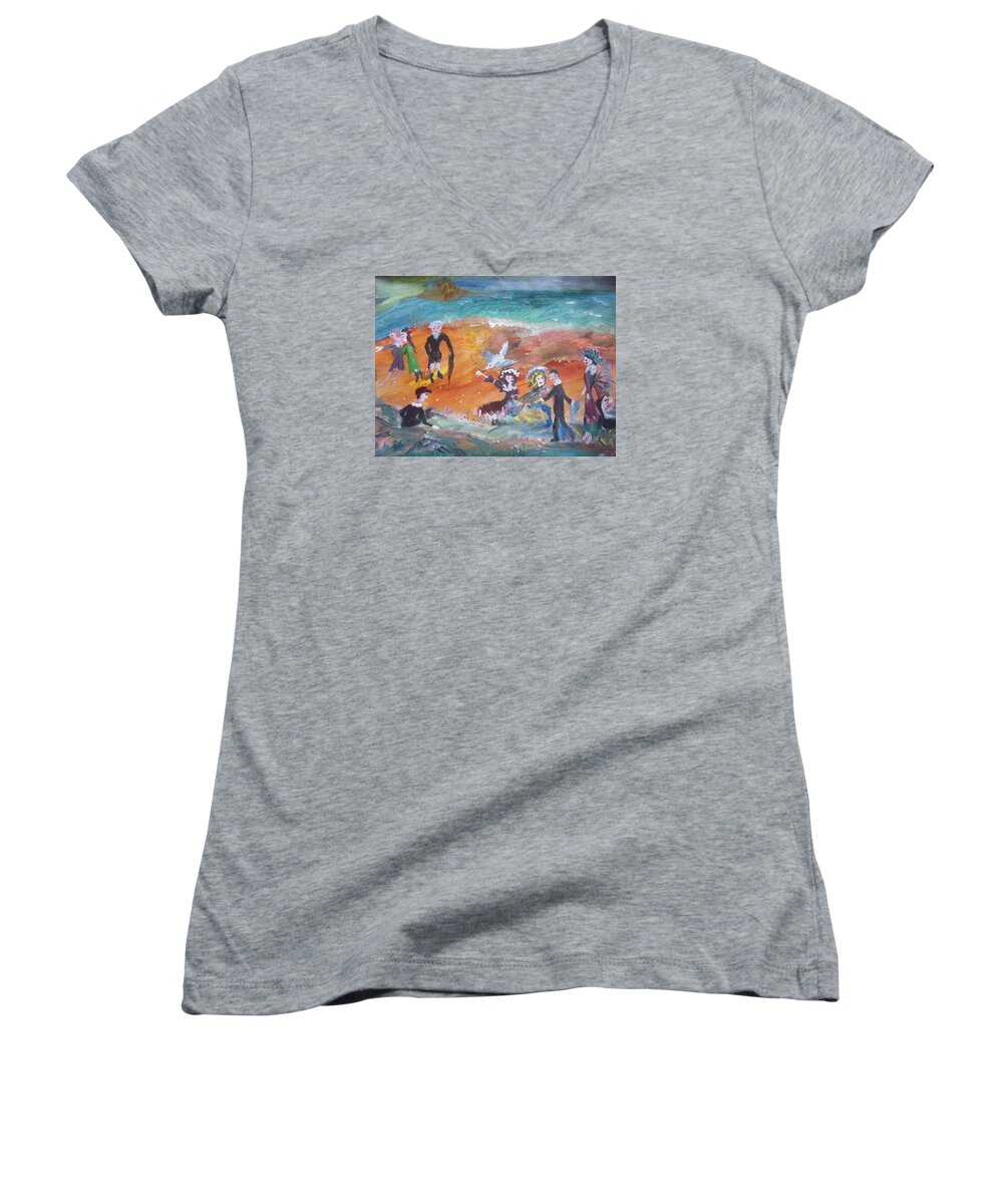 Picnic Women's V-Neck featuring the painting The seagull and the picnic by Judith Desrosiers