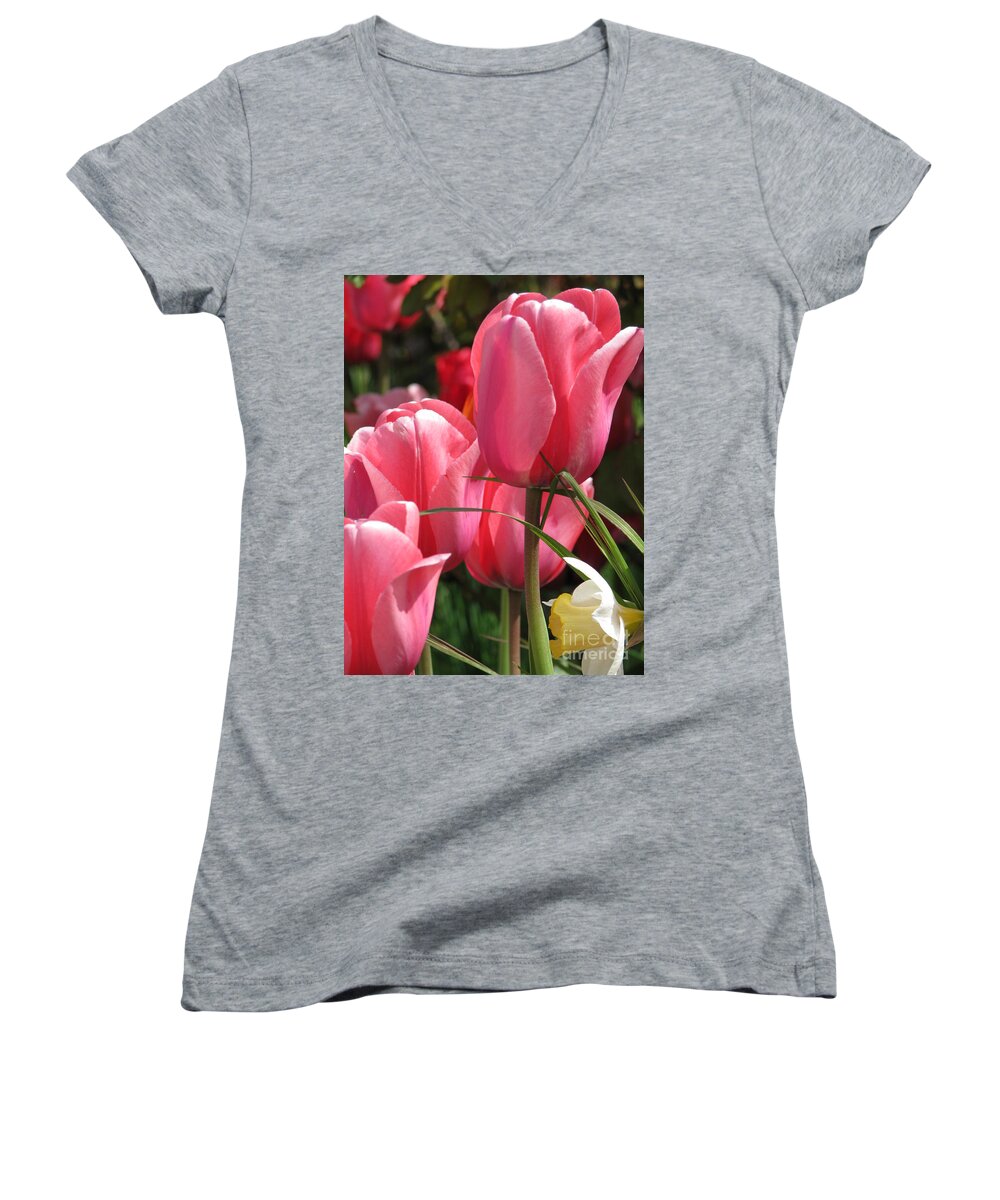 Tulips Women's V-Neck featuring the photograph There is Pink in Heaven by Rory Siegel