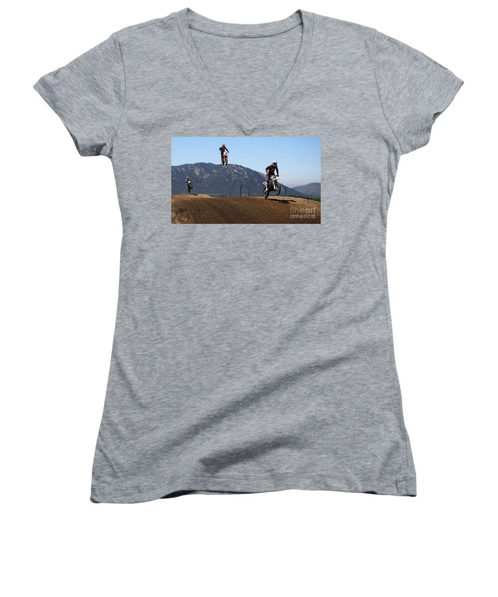 Motocross Women's V-Neck featuring the photograph Three in the Air by Vivian Christopher
