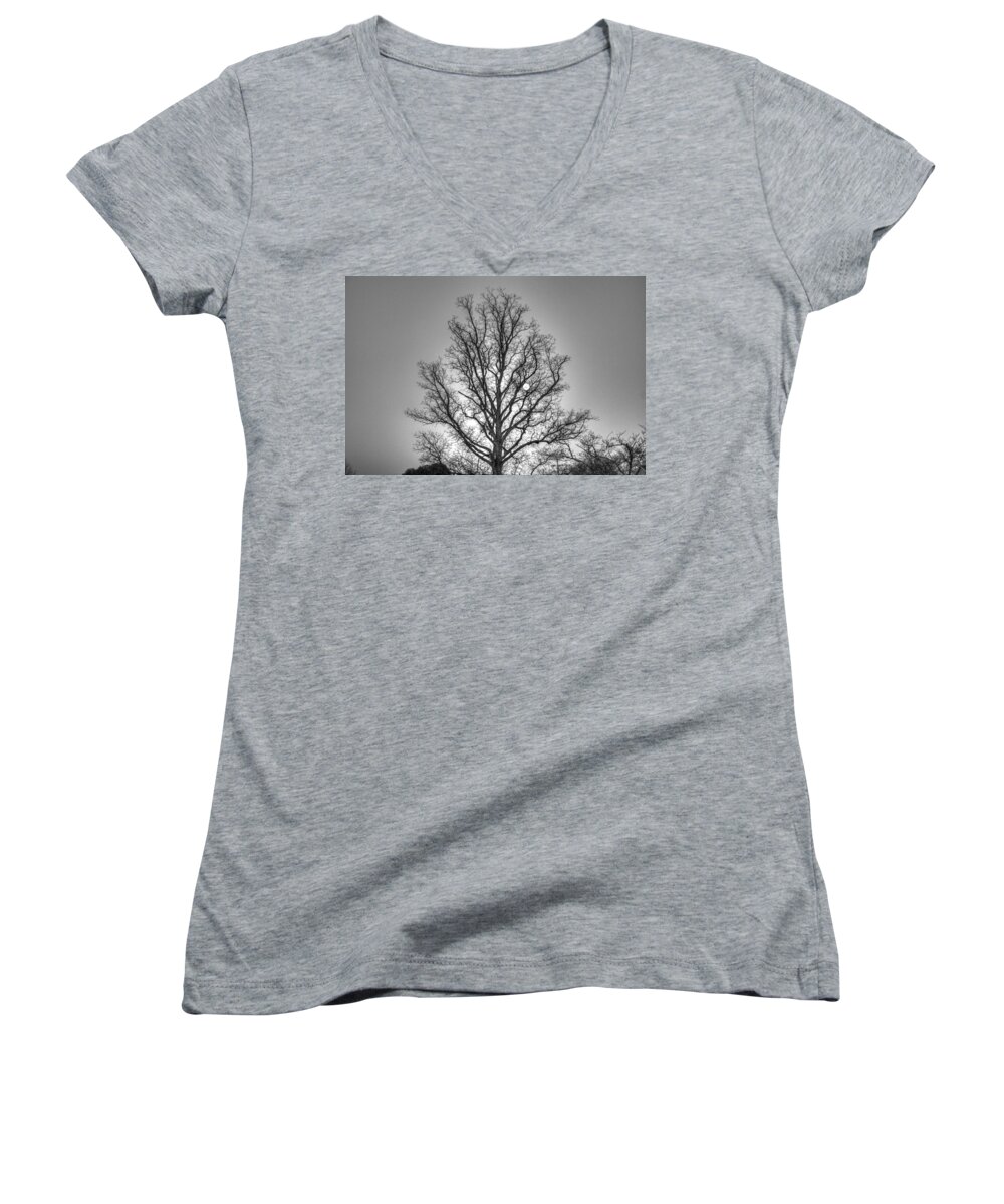 Tree Women's V-Neck featuring the photograph Through the Boughs BW by Dan Stone
